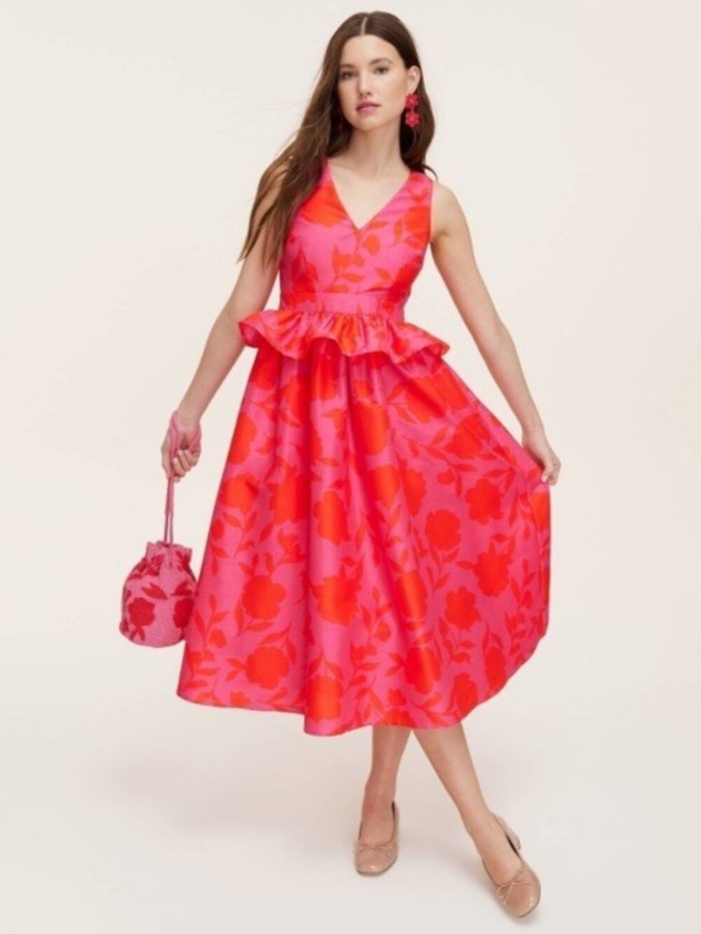 Kate Spade Pink & Red Floral V-Neck Peplum Midi Dress Size 12